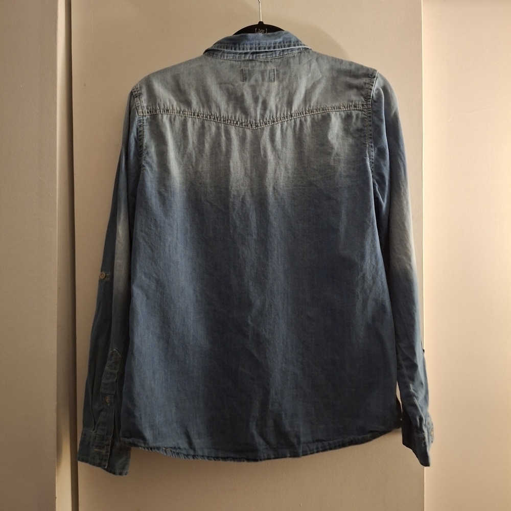 Blue Age Women's Ombre Distressed Button Down Long Sleeve Shirt - Picture 2 of 9